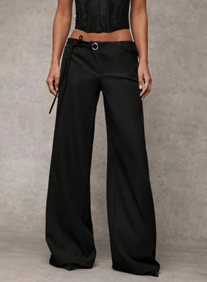 تايك تو Black Wide Leg Trousers with Tie Waist