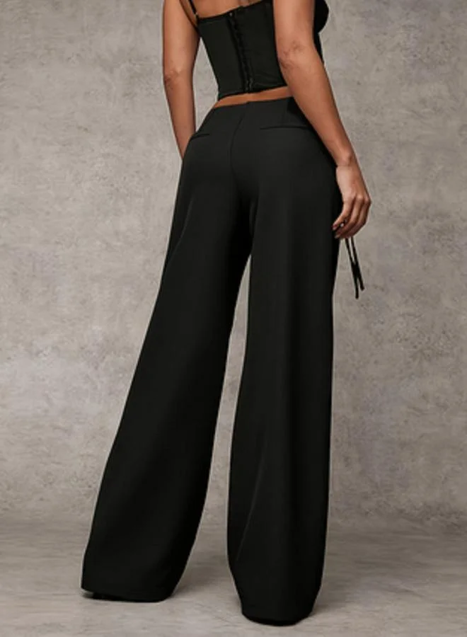 تايك تو Black Wide Leg Trousers with Tie Waist