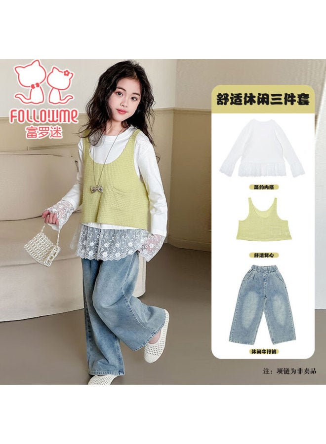 Fulomi Girls' Spring Autumn Korean Style Sweet Lace T-shirt Knit Vest Denim Pants Three-piece Set Yellow 150