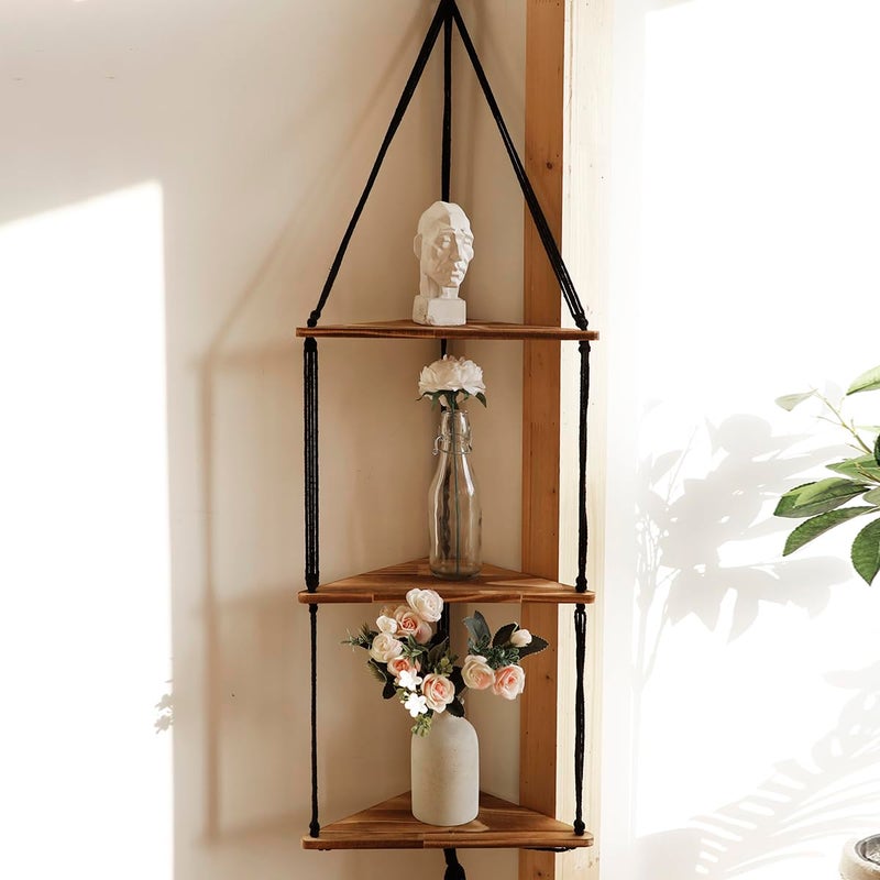 Artilady Macrame Corner Shelf Wall Hanging - 3 Tier Black Floating Shelves Plant Corner Wall Decor, Boho Rustic Wooden Plant Storage Rack for Bedroom Living Room Bathroom - Image 1