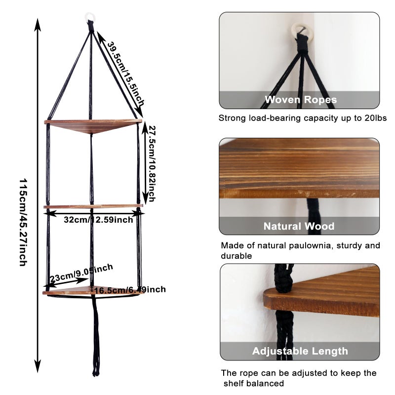 Artilady Macrame Corner Shelf Wall Hanging - 3 Tier Black Floating Shelves Plant Corner Wall Decor, Boho Rustic Wooden Plant Storage Rack for Bedroom Living Room Bathroom - Image 3