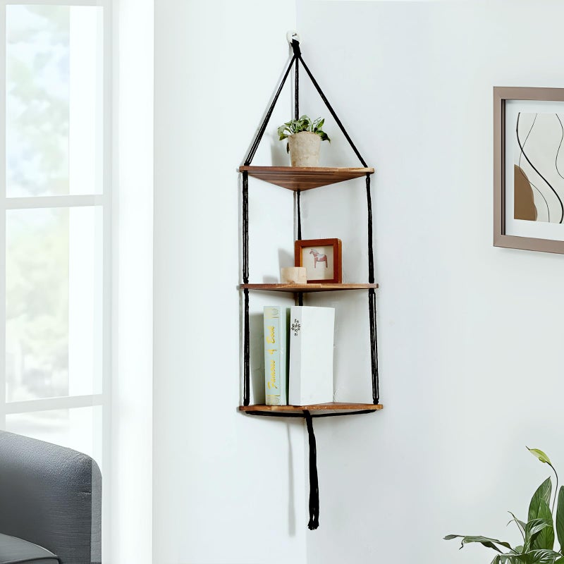 Artilady Macrame Corner Shelf Wall Hanging - 3 Tier Black Floating Shelves Plant Corner Wall Decor, Boho Rustic Wooden Plant Storage Rack for Bedroom Living Room Bathroom - Image 4