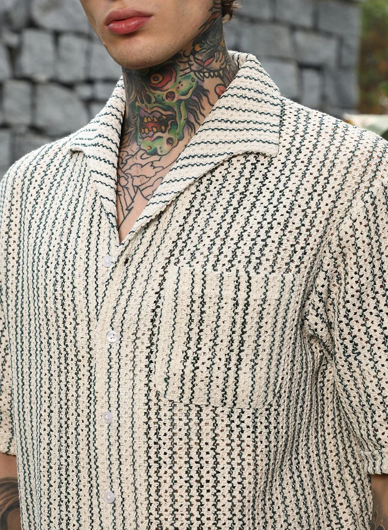 Campus Sutra Campus Sutra Men's Off-White & Indigo Blue Striped Crochet Shirt For Casual Wear | Spread Collar | Short Regular Sleeves | Button Closure | Oversized Shirt Crafted With Comfort Fit For Everyday Wear