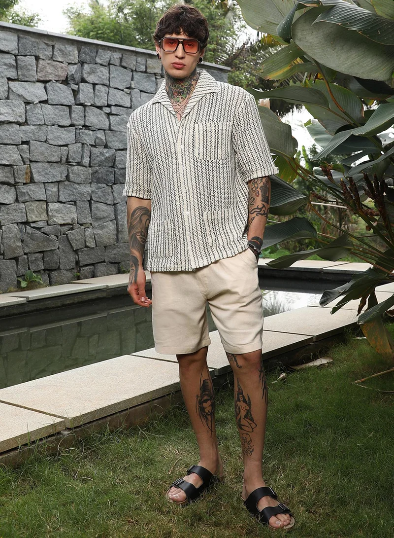 Campus Sutra Campus Sutra Men's Off-White & Indigo Blue Striped Crochet Shirt For Casual Wear | Spread Collar | Short Regular Sleeves | Button Closure | Oversized Shirt Crafted With Comfort Fit For Everyday Wear