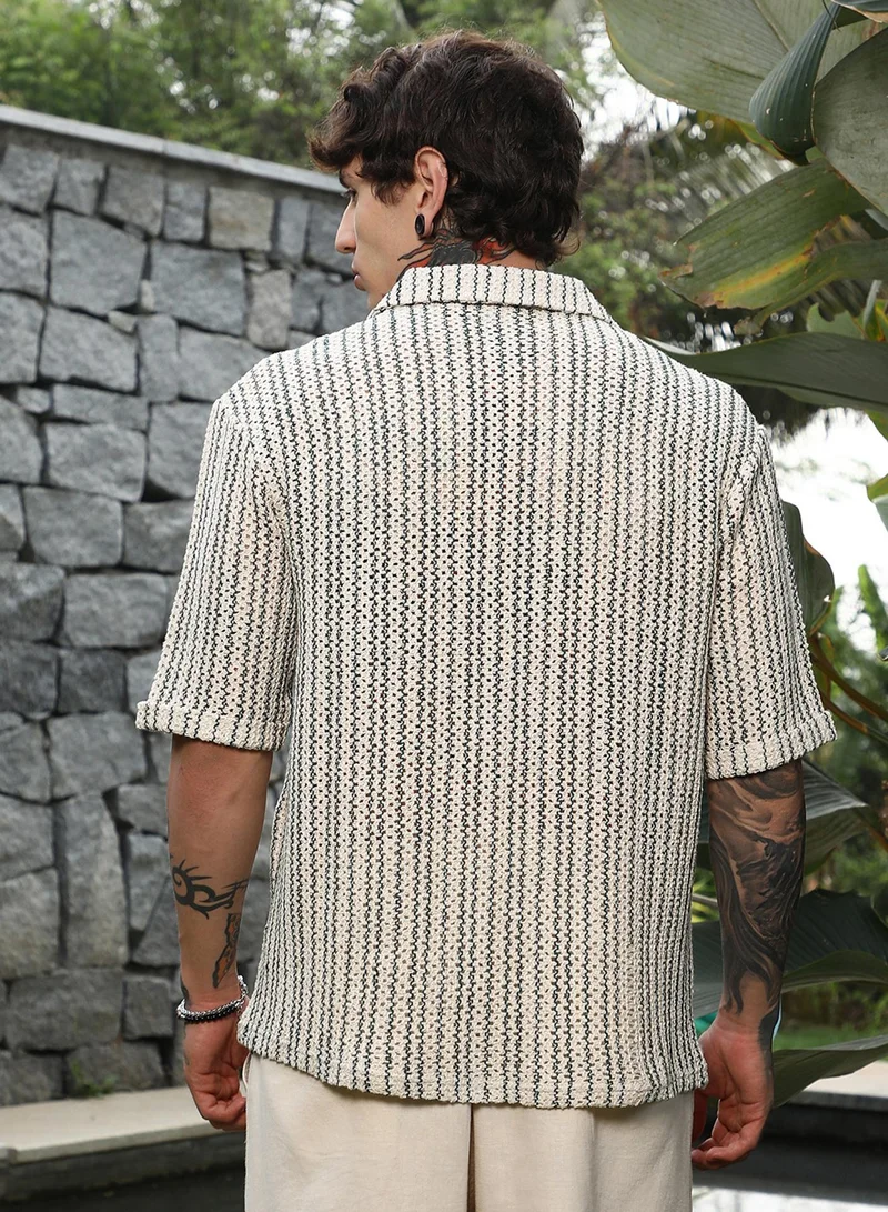 Campus Sutra Campus Sutra Men's Off-White & Indigo Blue Striped Crochet Shirt For Casual Wear | Spread Collar | Short Regular Sleeves | Button Closure | Oversized Shirt Crafted With Comfort Fit For Everyday Wear