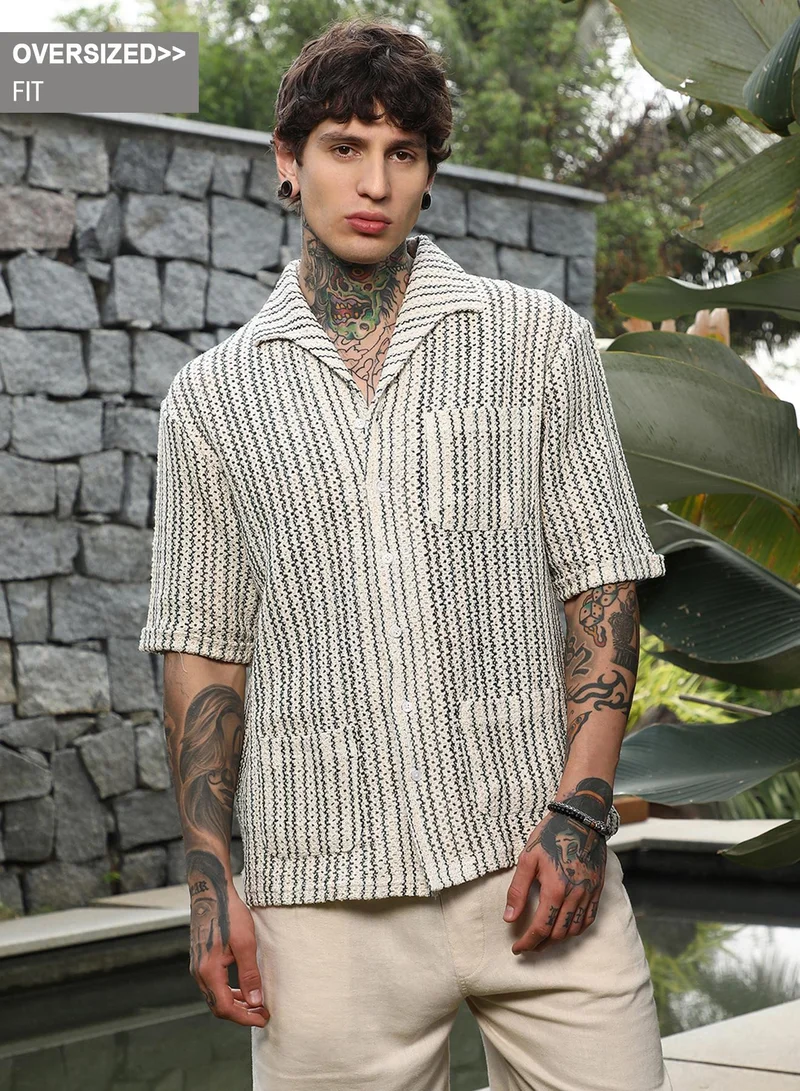 Campus Sutra Campus Sutra Men's Off-White & Indigo Blue Striped Crochet Shirt For Casual Wear | Spread Collar | Short Regular Sleeves | Button Closure | Oversized Shirt Crafted With Comfort Fit For Everyday Wear