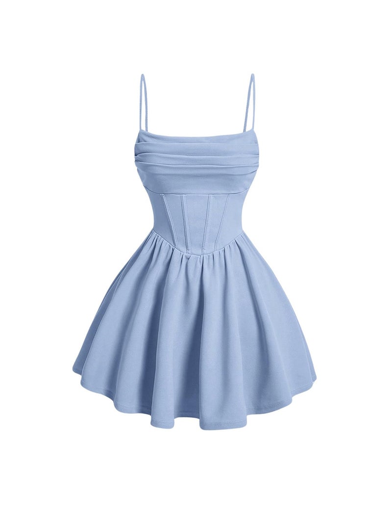 SHENHE Women's Ruched Corset Dress Spaghetti Strap Fit and Flare Flowy Skater Mini Cami Dress Light Blue X-Small - Image 1