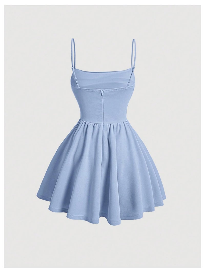 SHENHE Women's Ruched Corset Dress Spaghetti Strap Fit and Flare Flowy Skater Mini Cami Dress Light Blue X-Small - Image 2