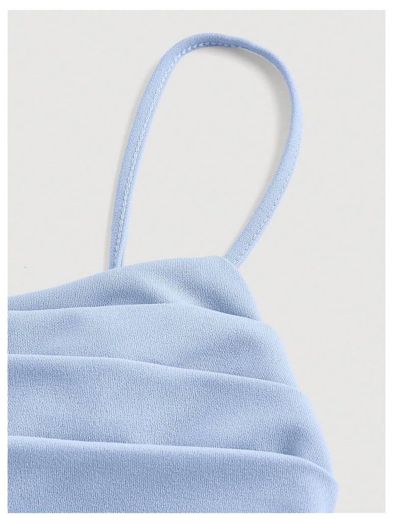 SHENHE Women's Ruched Corset Dress Spaghetti Strap Fit and Flare Flowy Skater Mini Cami Dress Light Blue X-Small - Image 3