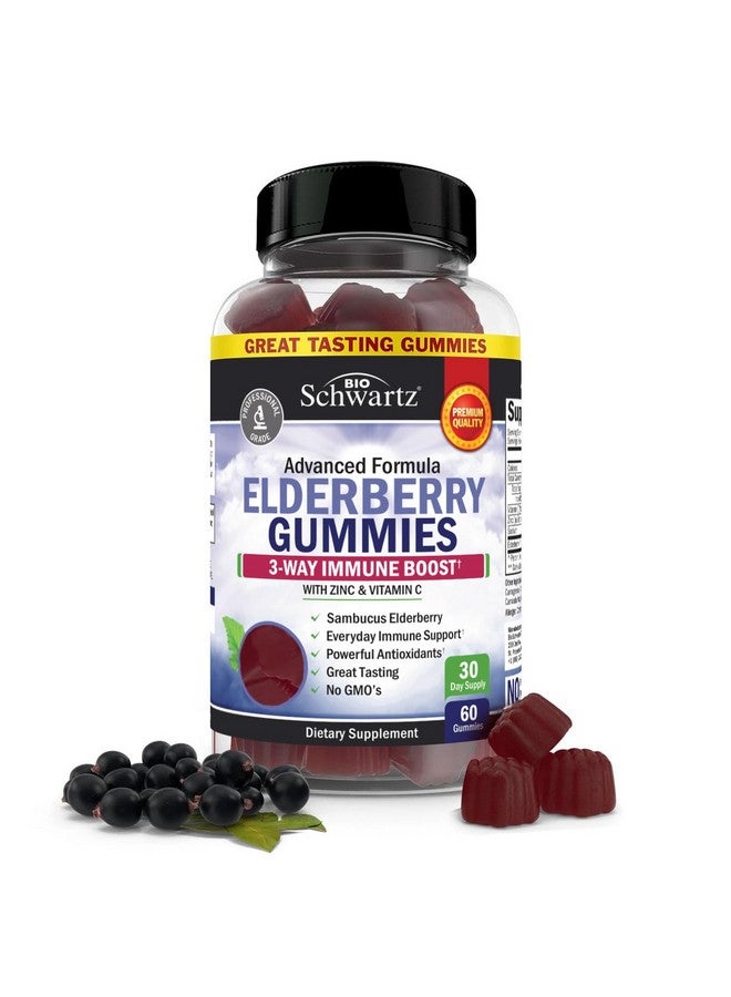 BioSchwartz Elderberry Gummies with Zinc and Vitamin C for Adults & Kids - Natural Immune Support - Black Sambucus Elderberries - Powerful Multiminerals Supplement - Gluten-Free, Non-GMO, Vegan Friendly, 60ct - Image 1
