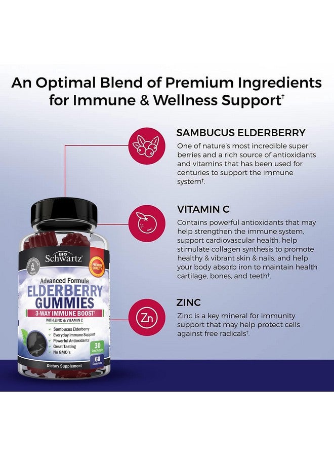 BioSchwartz Elderberry Gummies with Zinc and Vitamin C for Adults & Kids - Natural Immune Support - Black Sambucus Elderberries - Powerful Multiminerals Supplement - Gluten-Free, Non-GMO, Vegan Friendly, 60ct - Image 3