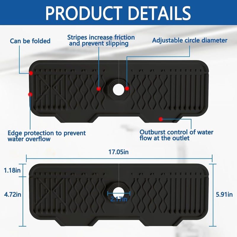 EBIGIC ملحقات حوض المطبخ - 17" × 6" واقي رذاذ الحوض، حصيرة سيليكون واقية للحوض، تناسب سطح العمل، الحمام، المزرعة، RV (أسود) - Image 2
