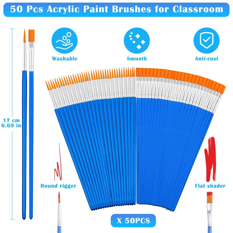 anezus Small Paint Brushes Bulk, Anezus 50 Pcs Flat Tip Paint Brushes with Round Acrylic Paint Brushes Set Craft Brushes for Classroom Acrylic Watercolor Canvas Face Painting Touch Up - Image 4