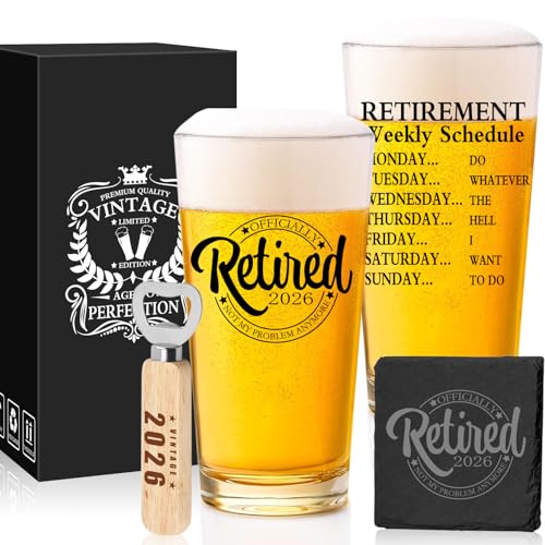 SIPBYSOP Retirement Gifts for Men 2026 Retirement Beer Glass with Stone Coasters Bottle Opener Funny Beer Glass Unique Gift For Dad Grandpa Friends Family - Image 1