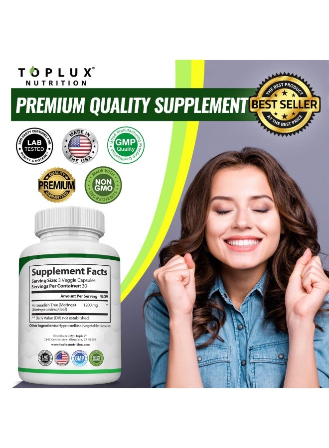توب لوكس كبسولات المورينجا من توبلكس – 1200 ملغ – أوراق مورينجا طبيعية نقية – غنية بمضادات الأكسدة لدعم المناعة والطاقة الطبيعية وصحة البشرة – نباتية وخالية من المعدلة وراثيًا – 90 كبسولة - Image 5