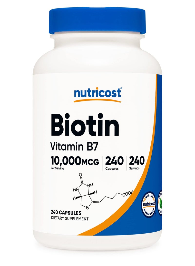 Nutricost Biotin (Vitamin B7) 10,000mcg Per Serving, 240 Capsules,240 Serving - Dietary Supplement  - Image 1