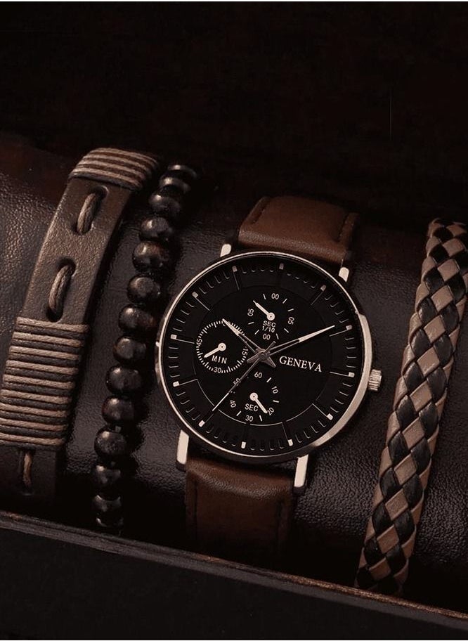 Geneva - 1 Men's Quartz Watch With a Round Pointer Dial and 1 Piece Bracelet Set Brown - Image 1
