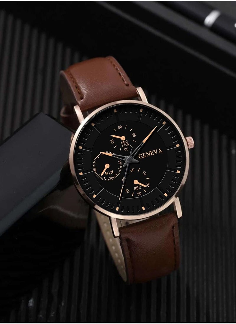 Geneva - 1 Men's Quartz Watch With a Round Pointer Dial and 1 Piece Bracelet Set Brown - Image 1