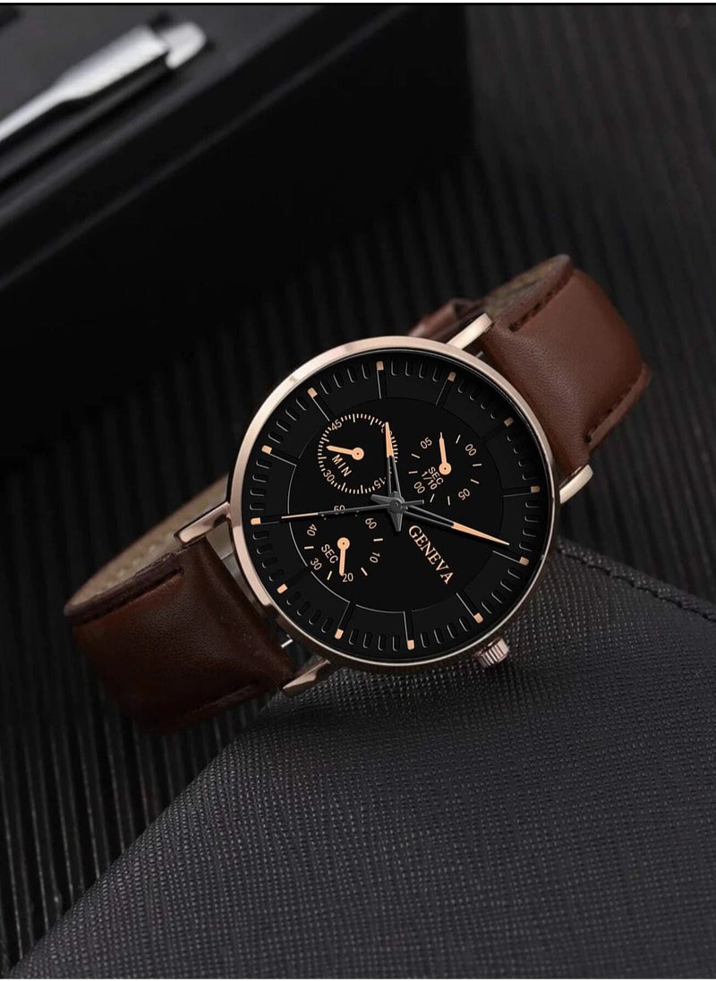 Geneva - 1 Men's Quartz Watch With a Round Pointer Dial and 1 Piece Bracelet Set Brown - Image 1