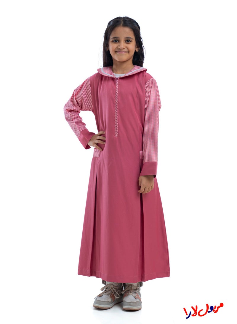 مريول لارا مريول كويتي ابتدائي وردي سادة بأكمام كاروهات – زي مدرسي بناتي مريح - Image 1