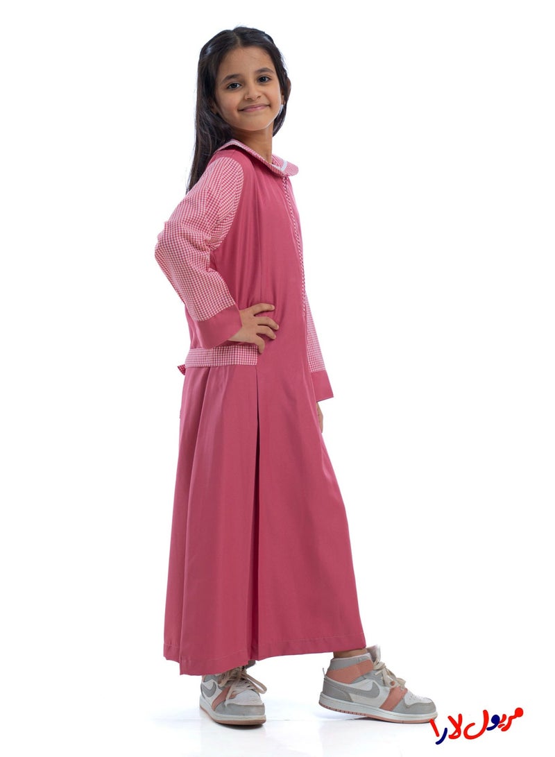 مريول لارا مريول كويتي ابتدائي وردي سادة بأكمام كاروهات – زي مدرسي بناتي مريح - Image 3
