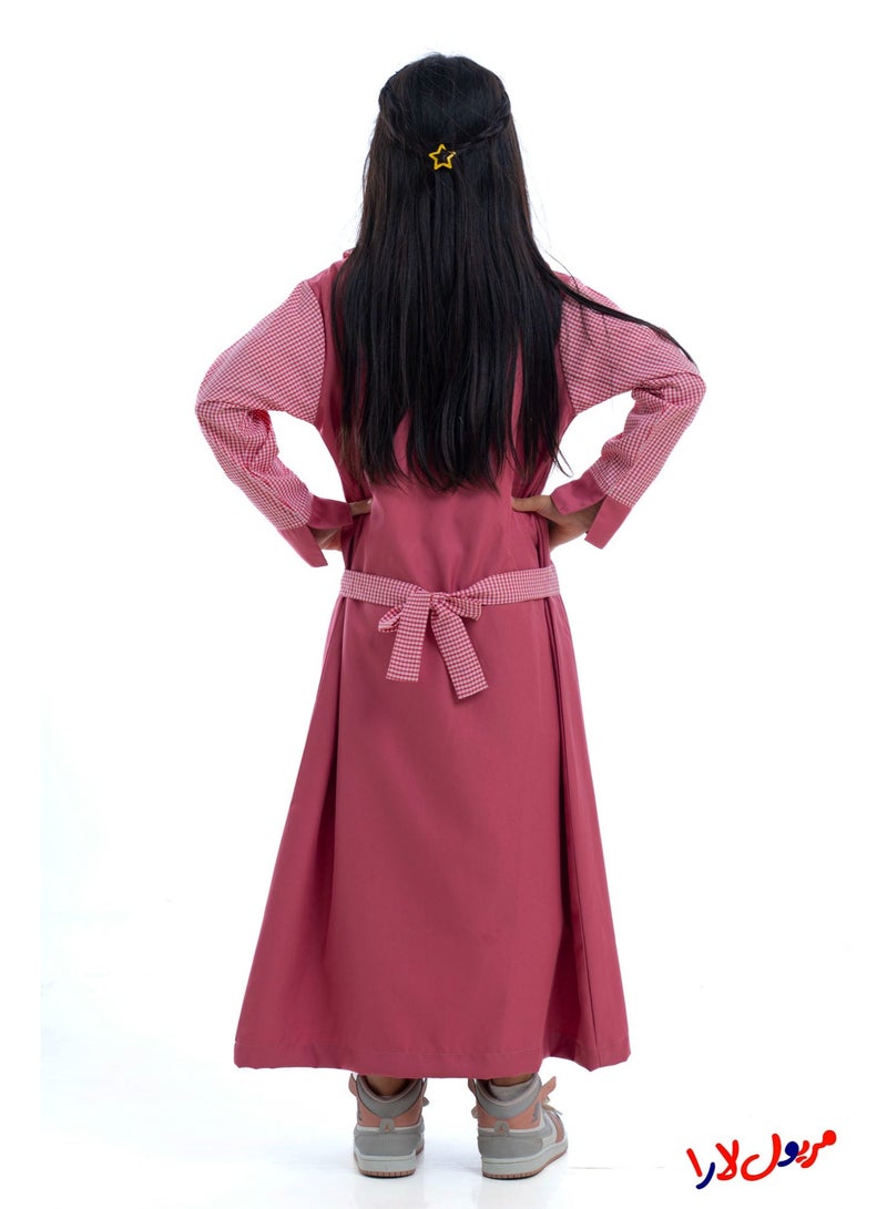 مريول لارا مريول كويتي ابتدائي وردي سادة بأكمام كاروهات – زي مدرسي بناتي مريح - Image 4