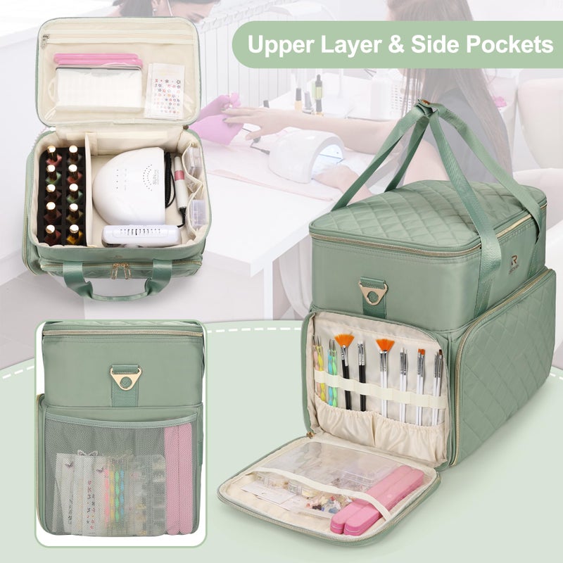 Relavel Nail Polish Organizer, Double Layer Nail Bag Holds 80-100 Bottles (15ml/0.5fl.oz) & Nail Lamp Nail Kit Storage Case, Extra Large Travel Nail Supplies Shoulder Bag for Manicure Tools (Green) - Image 3