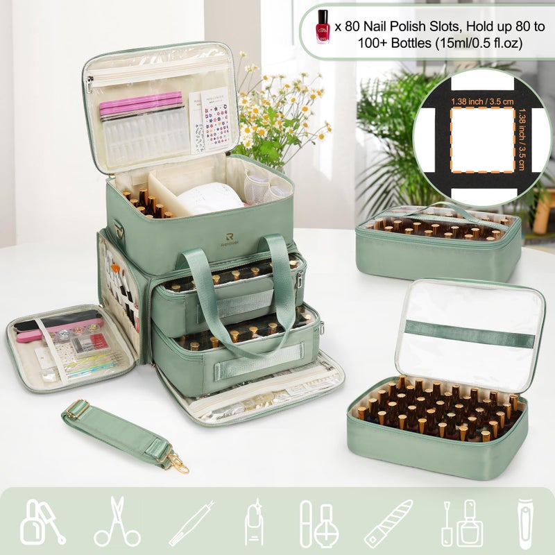 Relavel Nail Polish Organizer, Double Layer Nail Bag Holds 80-100 Bottles (15ml/0.5fl.oz) & Nail Lamp Nail Kit Storage Case, Extra Large Travel Nail Supplies Shoulder Bag for Manicure Tools (Green) - Image 2
