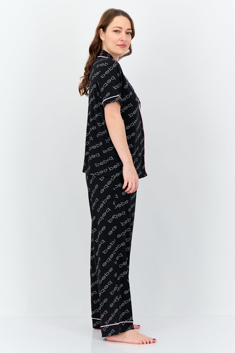 bebe Women 2 Pieces Sleepwear Pyjama Top and Pants Set, Black - Image 2