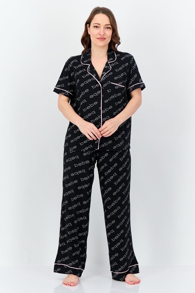 bebe Women 2 Pieces Sleepwear Pyjama Top and Pants Set, Black - Image 1