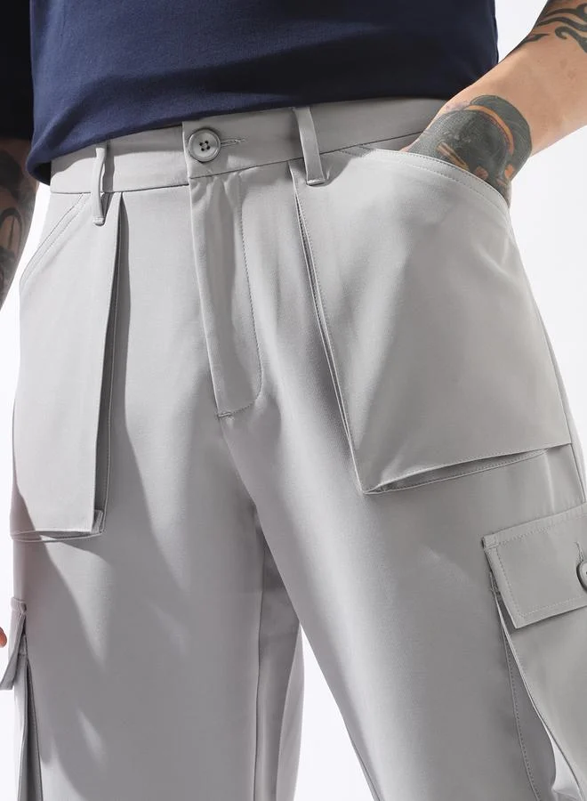 Hubberholme Grey Trousers Solid Button Woven Full Cargo Mid-Rise for Men – Style that defines you