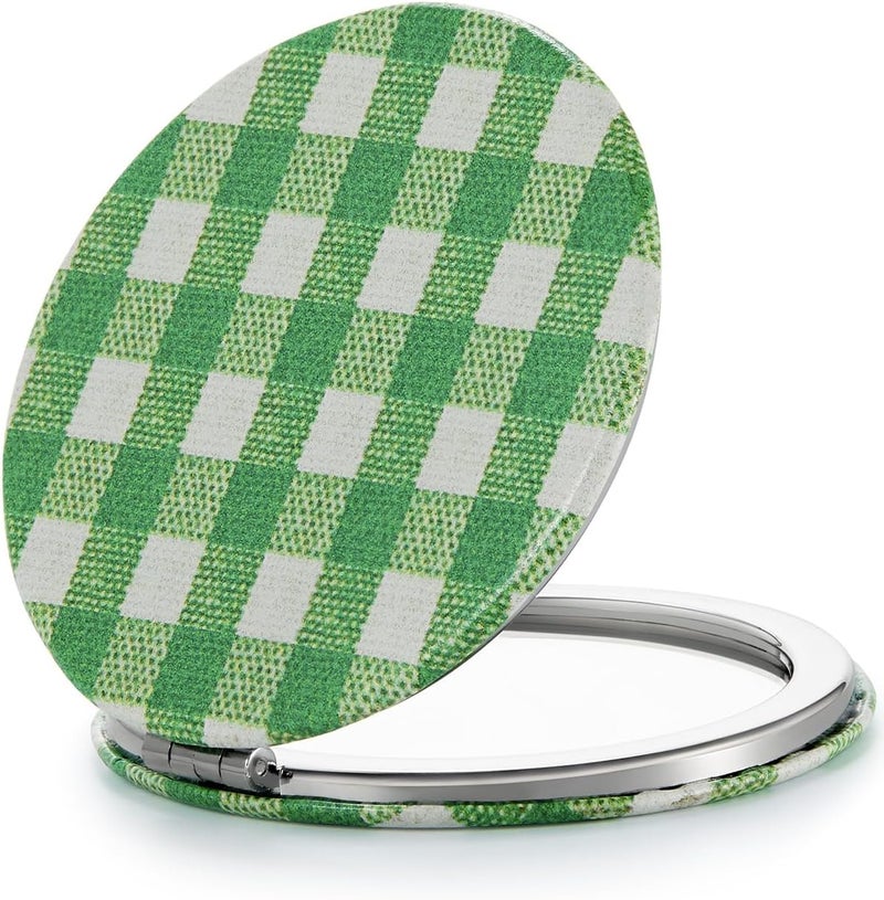 OMIRO 1X/10X Compact Magnifying Mirror, Unique Plaid Pattern Pocket Mirror with Classic PU Leather, Round, Green Plaid - Image 1