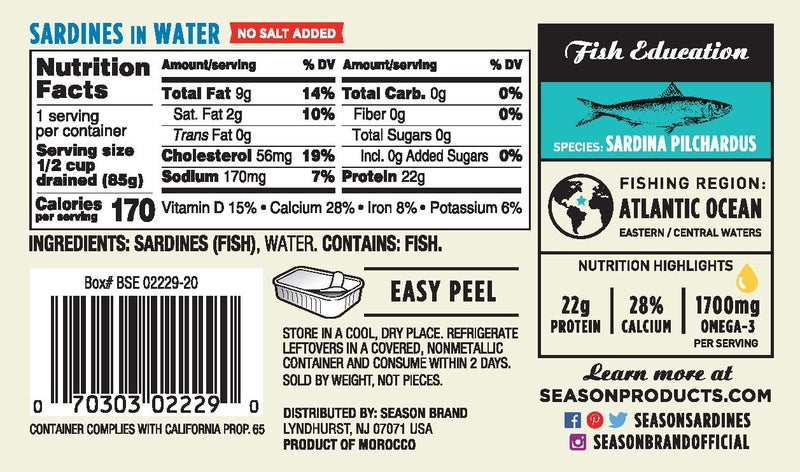 Season Sardines in Water - No Salt Added, Wild Caught, 22g of Protein, Keto Snacks, More Omega 3's Than Tuna, Kosher, High in Calcium, Canned Sardines - 4.37 Oz Tins, 12-Pack - Image 4