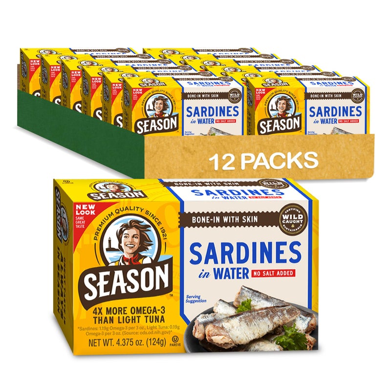 Season Sardines in Water - No Salt Added, Wild Caught, 22g of Protein, Keto Snacks, More Omega 3's Than Tuna, Kosher, High in Calcium, Canned Sardines - 4.37 Oz Tins, 12-Pack - Image 1