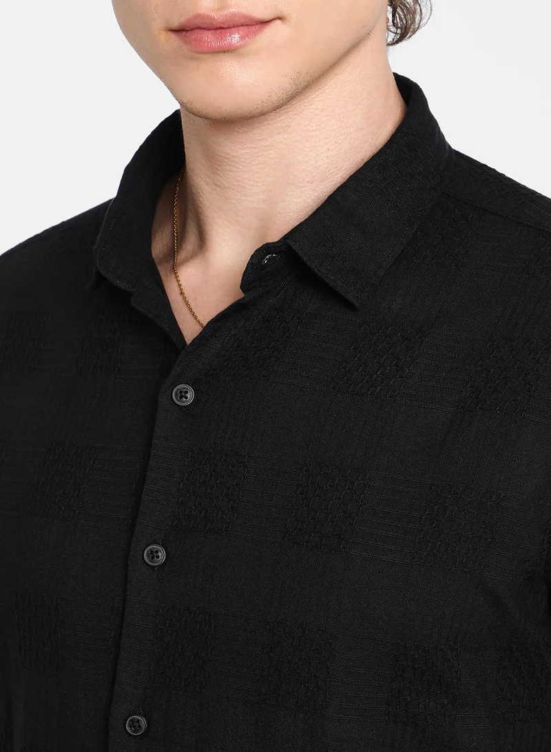 كامبوس سوترا Men's Midnight Black Hive-Checkered Shirt