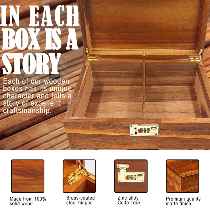 WELITTCON Large Wood Box Decorative Acacia Wooden Storage Box with Combination Lock With Adjustable Divider Wooden Keepsake Box with Hinged Lid Chest Stash Boxes Decorative Lockable Chest Box(Secret Grid) - Image 3