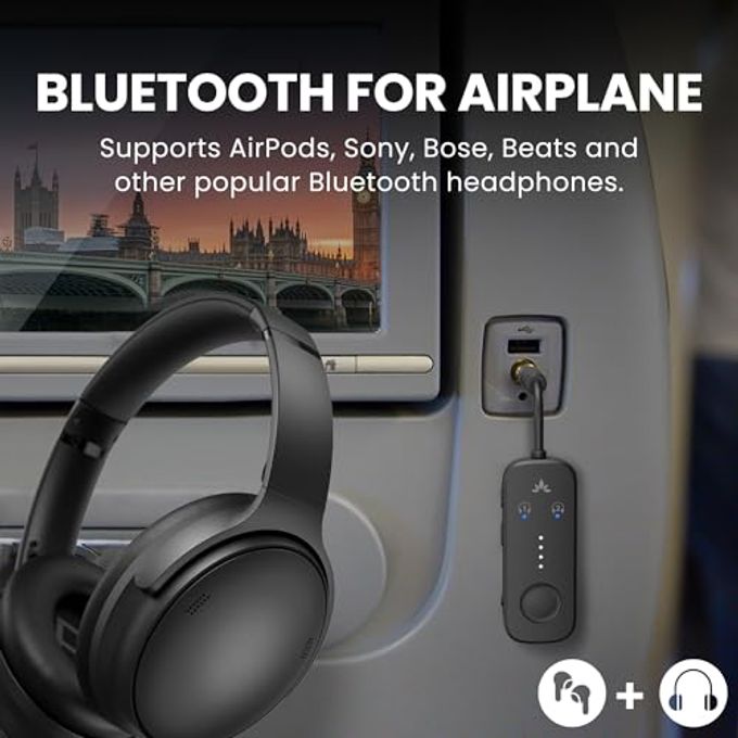 Avantree Relay Premium Airplane Bluetooth Adapter With Advanced Qualcomm Chipset, 2 Headphones Support, 25Hrs Play Time, Aptx Adaptive & Hd Audio Transmitter For Airpods, Bose & Travel Flight - Image 5