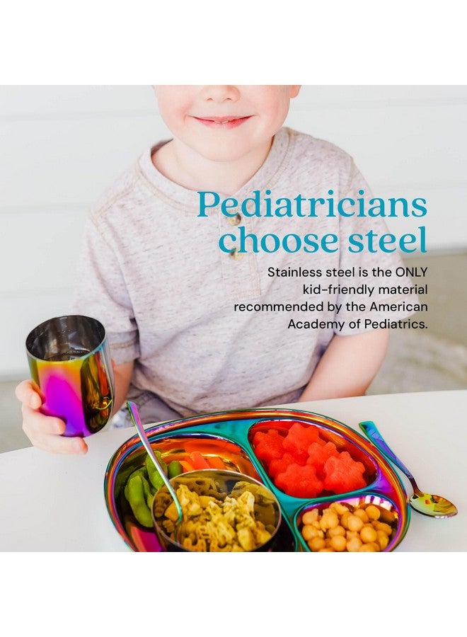 Ahimsa Stainless Steel Kids Dinnerware Set - 5 Piece Stainless Steel Toddler Plates and Bowls Set, Pediatrician Designed, Non Toxic Toddler Plate and Bowl, Kids Utensils and Cup (Rainbow) - Image 4