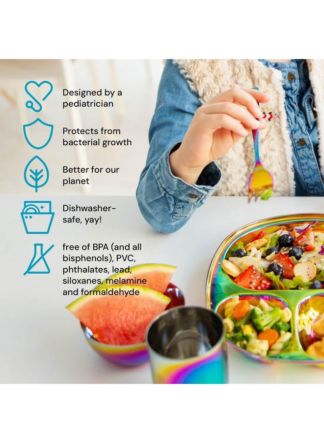 Ahimsa Stainless Steel Kids Dinnerware Set - 5 Piece Stainless Steel Toddler Plates and Bowls Set, Pediatrician Designed, Non Toxic Toddler Plate and Bowl, Kids Utensils and Cup (Rainbow) - Image 3