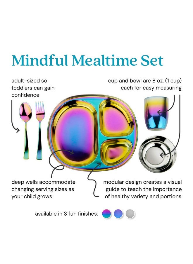 Ahimsa Stainless Steel Kids Dinnerware Set - 5 Piece Stainless Steel Toddler Plates and Bowls Set, Pediatrician Designed, Non Toxic Toddler Plate and Bowl, Kids Utensils and Cup (Rainbow) - Image 2