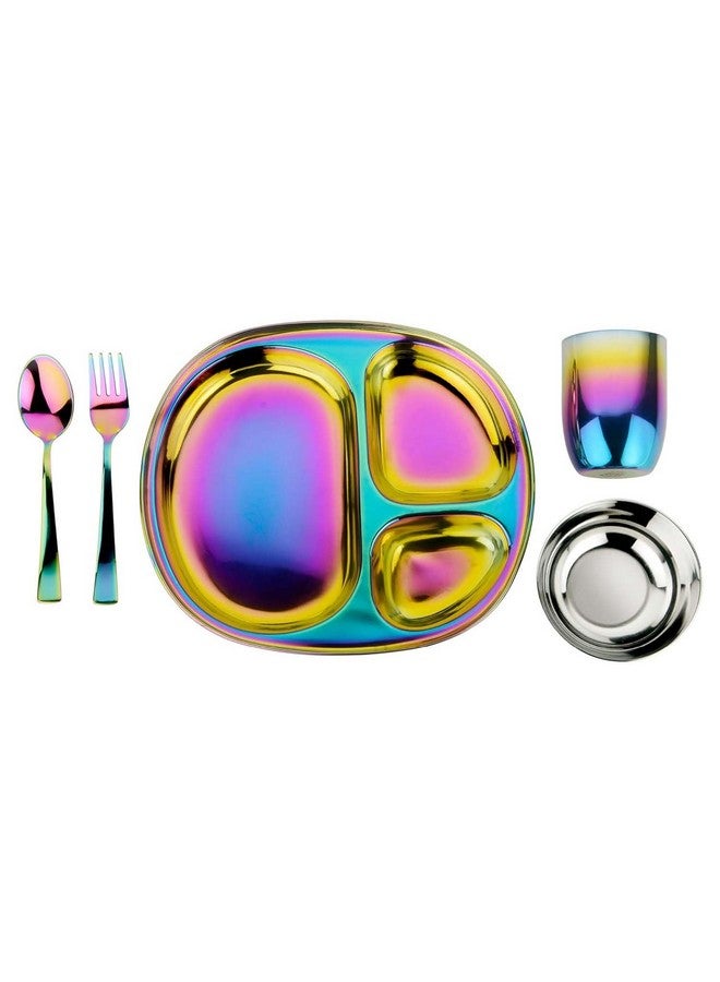 Ahimsa Stainless Steel Kids Dinnerware Set - 5 Piece Stainless Steel Toddler Plates and Bowls Set, Pediatrician Designed, Non Toxic Toddler Plate and Bowl, Kids Utensils and Cup (Rainbow) - Image 1