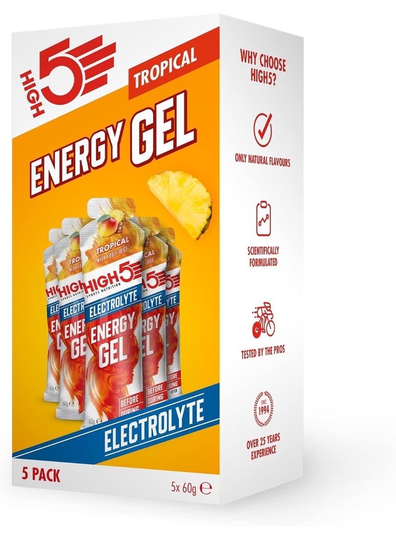 HIGH5 Energy Gels with Electrolytes – Tropical Flavour  | Quick Release Sports Gels, Caffeine-Free, Natural Fruit Juice | Running, Cycling & Endurance Fuel (5 x 60g) - Image 1