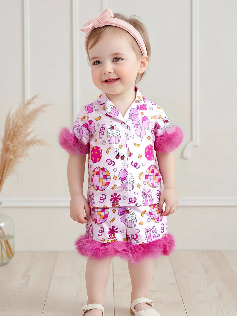 Kid Girl Birthday Pajamas Set Cake Print Lapel Feather Short Sleeve Button Down Tops with Shorts Satin Sleepwear