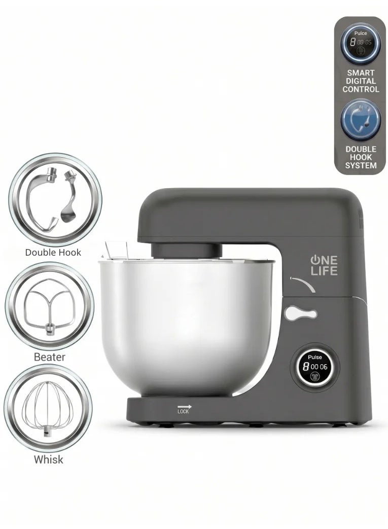 OneLife One Life Digital Stand Mixer, 8 Liters, 1800 Watts, Double Hook, KM200DG - Gray - Image 1