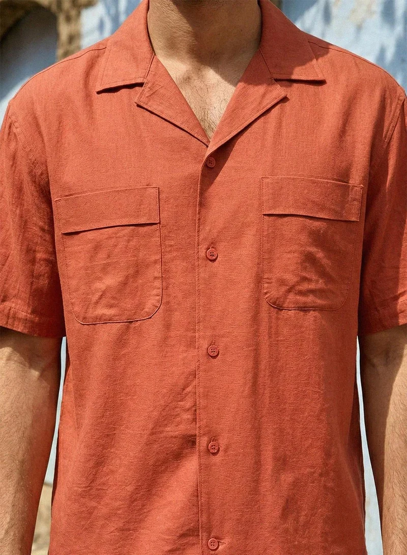 دينيس لينغو Rust 100% Cotton Solid Button Down Relaxed Shirt For Men