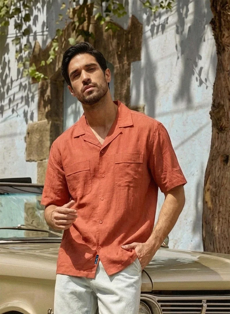 دينيس لينغو Rust 100% Cotton Solid Button Down Relaxed Shirt For Men