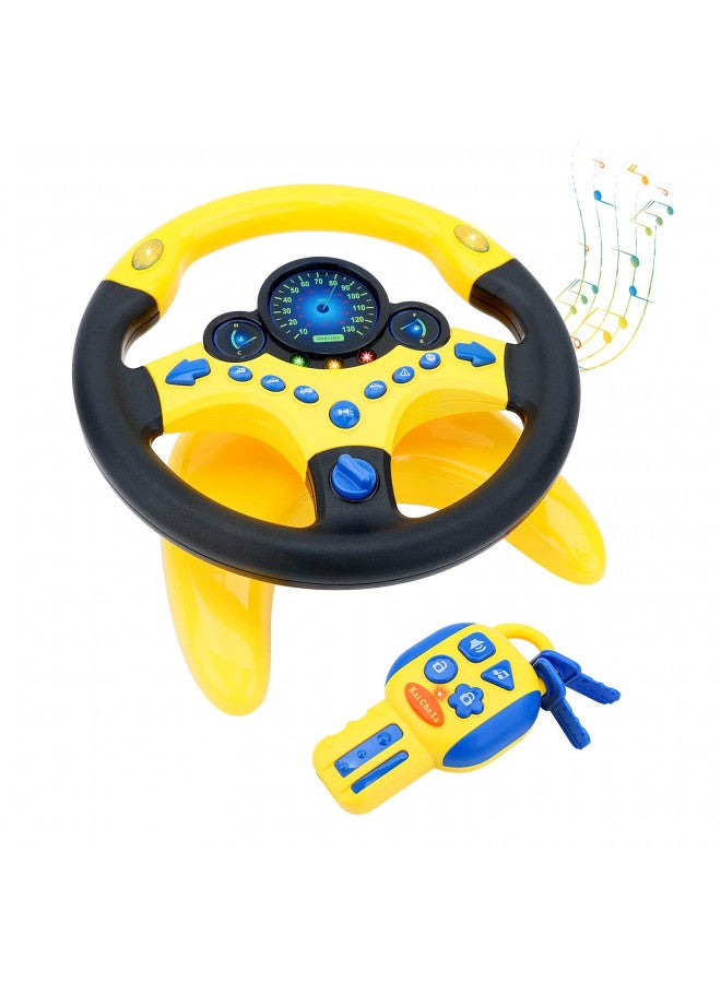 deAO Kids Steering Wheel for Backseat with Car Key Pretend Driving Simulated Driving Steering Wheel Toy with Light and Music Gifts for Kids (Yellow) - Image 1