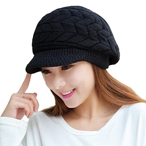 HINDAWI Women Winter Newsboy Hats Warm Knit Wool Snow Caps with Visor, Black - Image 1