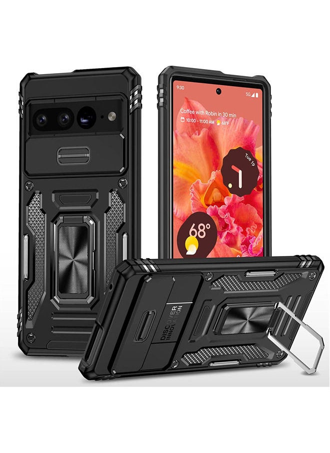 Rock Pow Pixel 7 Pro Case with Camera Cover & Kickstand, Built-in 360° Rotate Ring Stand Magnetic Protective Case for Google Pixel 7 Pro Black  - Image 1