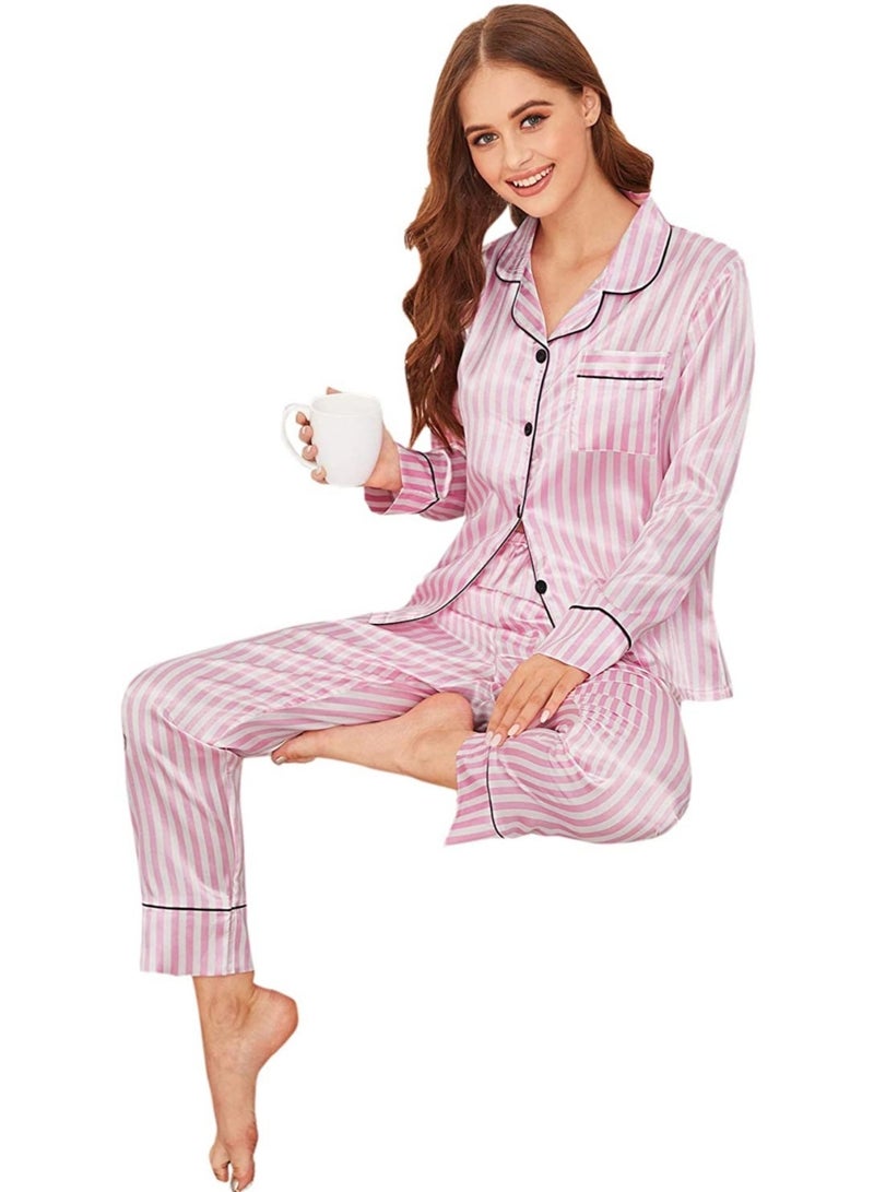 Sweet Cathy Satin Sleepwear Silky Pajamas Long Sleeve Button Top And Pants Striped PJ Set - Image 4